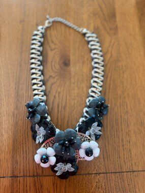 Statement Chunky Floral Beaded Necklace Black White Gold Bib Necklace